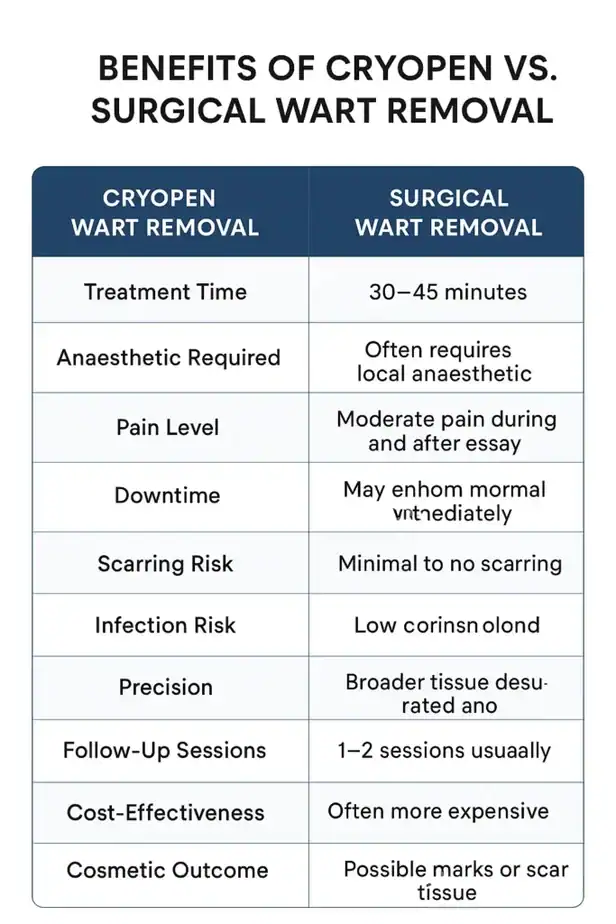 Table showing the benefits of cryopen to remove warts Wigston compared to surgical treatment